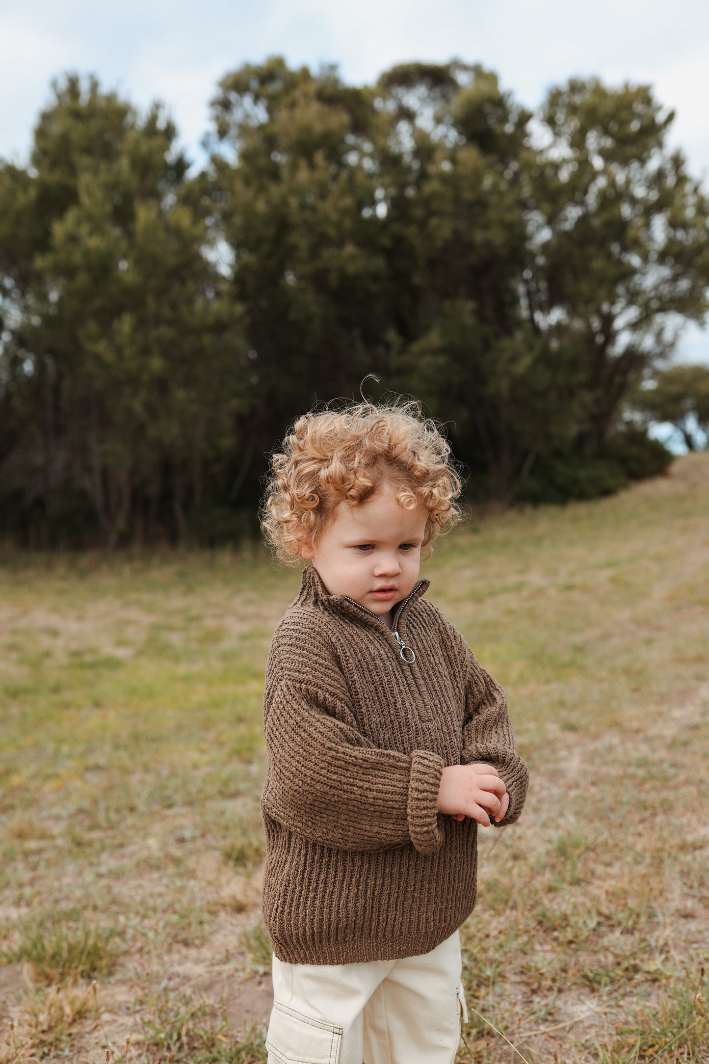 Slub Yarn Knit Zip Pull Over - Clay