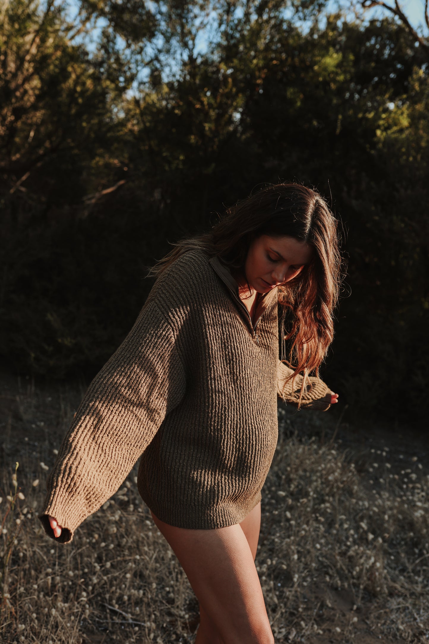 Ladies Slub Yarn Zip Pull Over - Clay