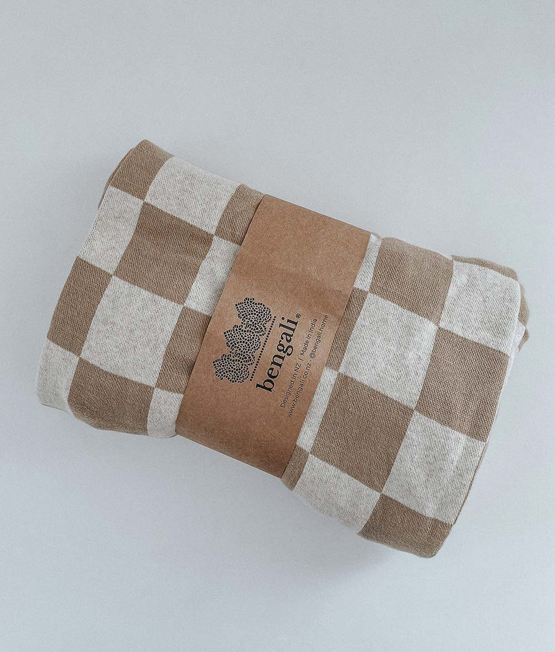 Jersey Cot Sheet - Khaki Gingham