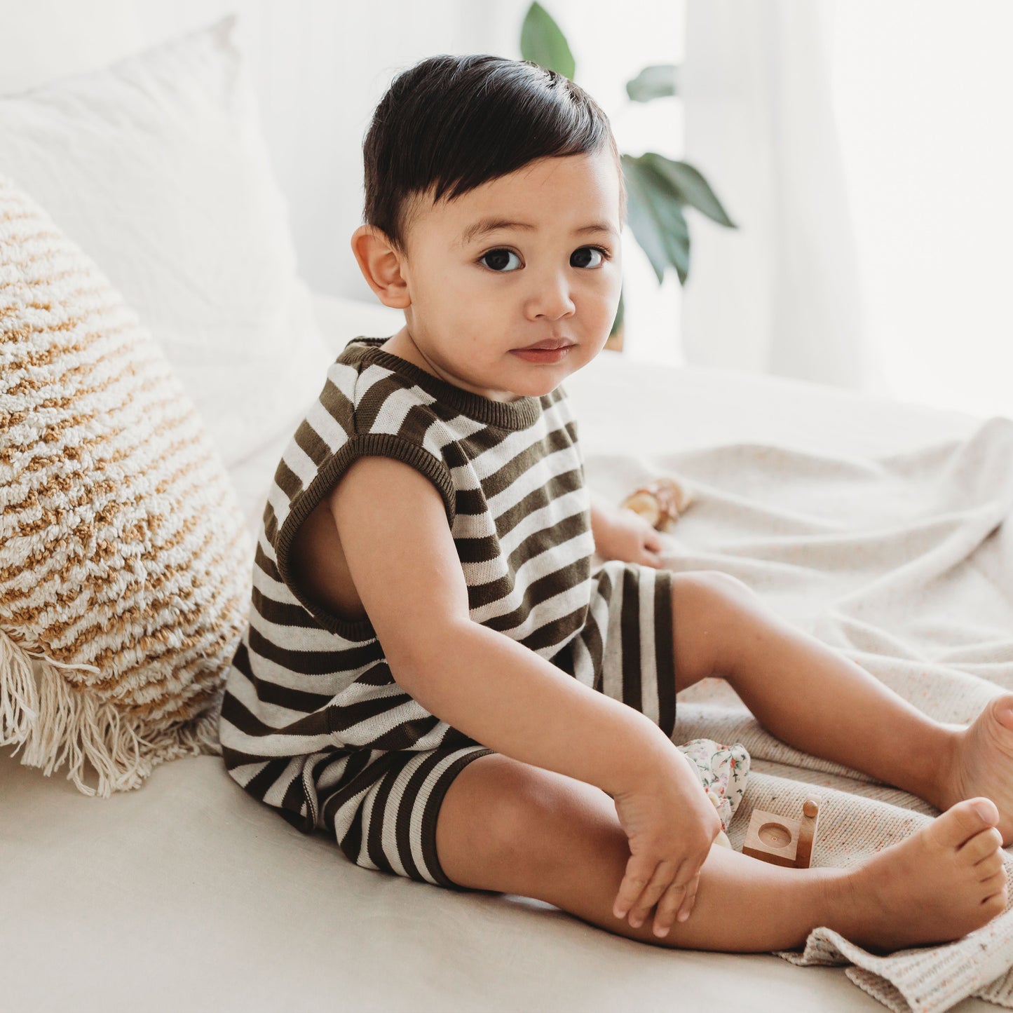 Reverse Button Up Top - Olive Stripe