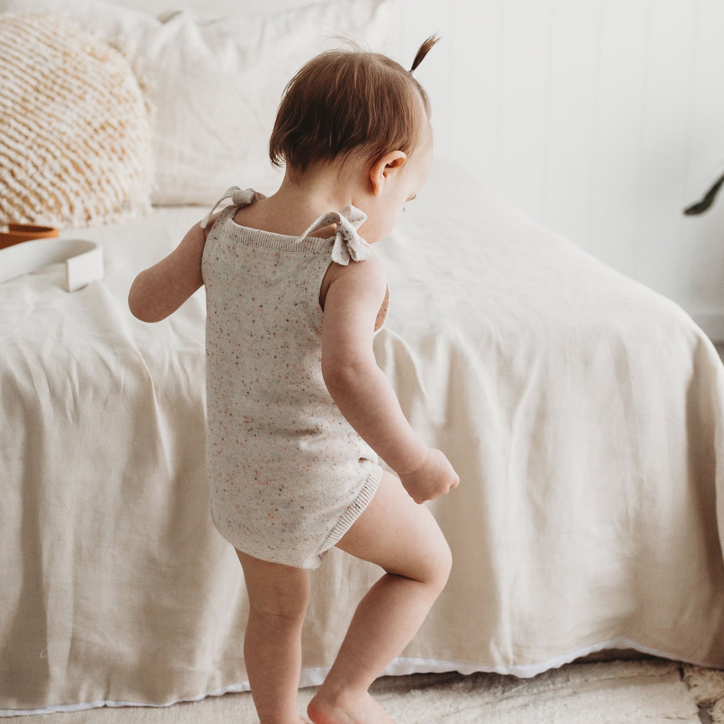 Shoulder Tie Knit Bodysuit - Speckle Oat