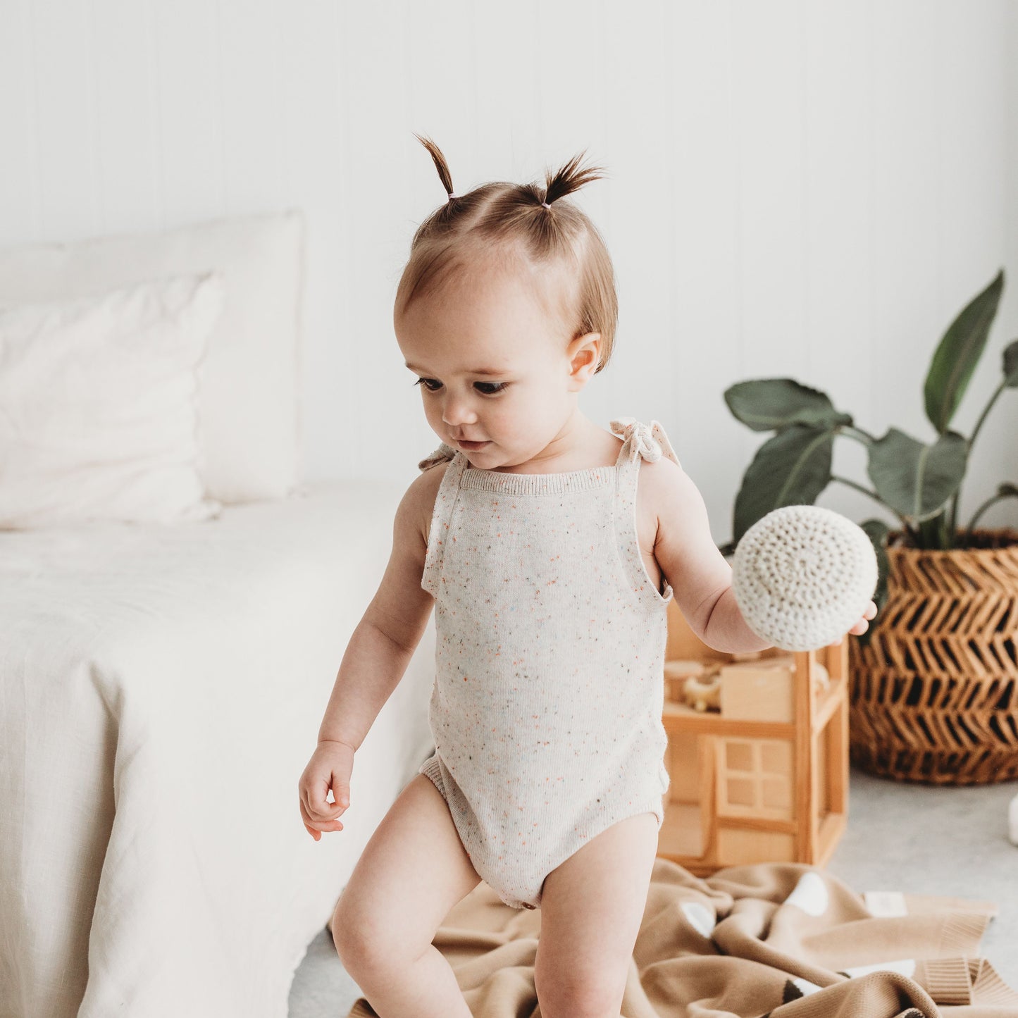Shoulder Tie Knit Bodysuit - Speckle Oat