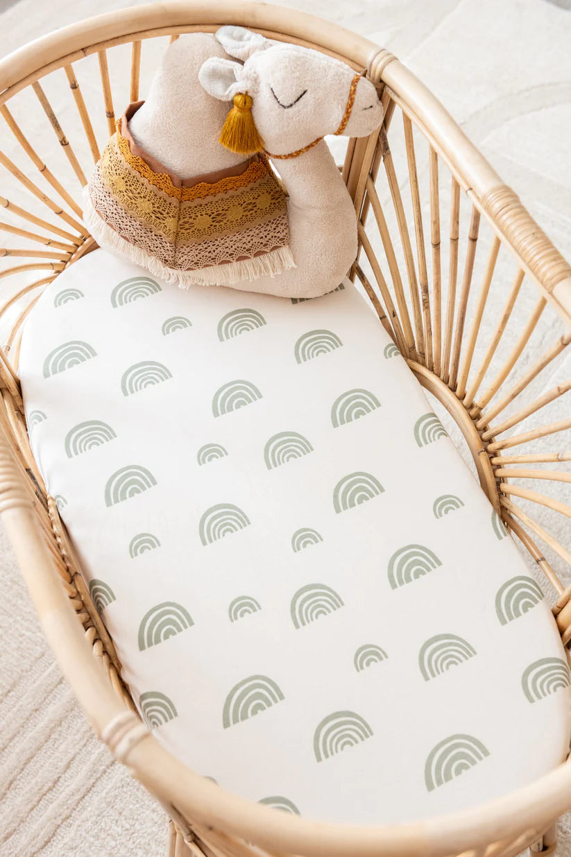 Organic Bassinet Sheet/Change Pad Cover | Rainbows - Ivory + Sage