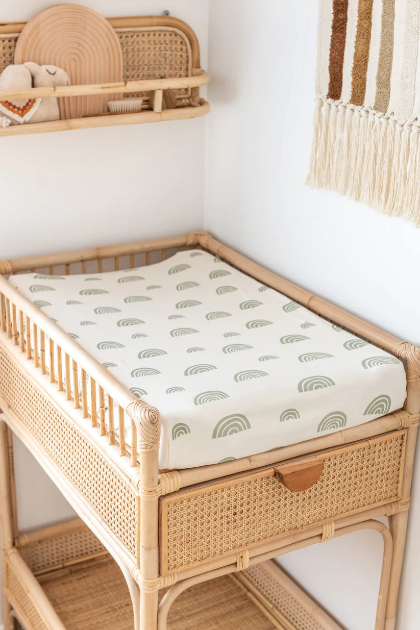 Organic Bassinet Sheet/Change Pad Cover | Rainbows - Ivory + Sage