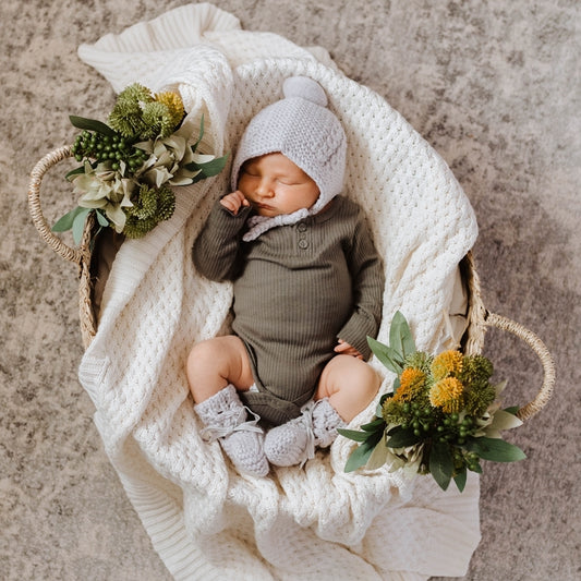 Merino Wool Bonnet & Booties - Grey