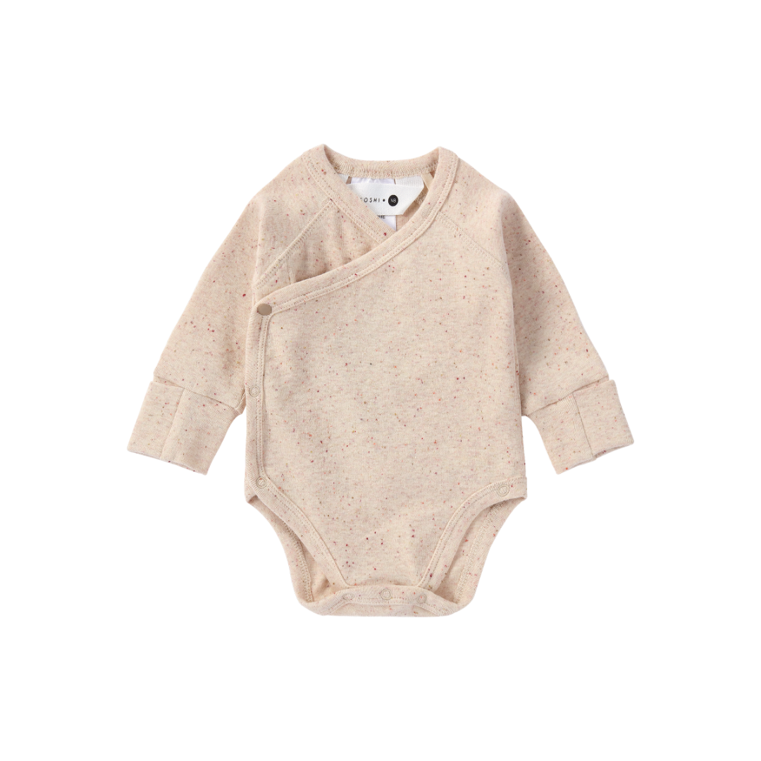 Organic L/S Kimono Bodysuit - Beige Speckled