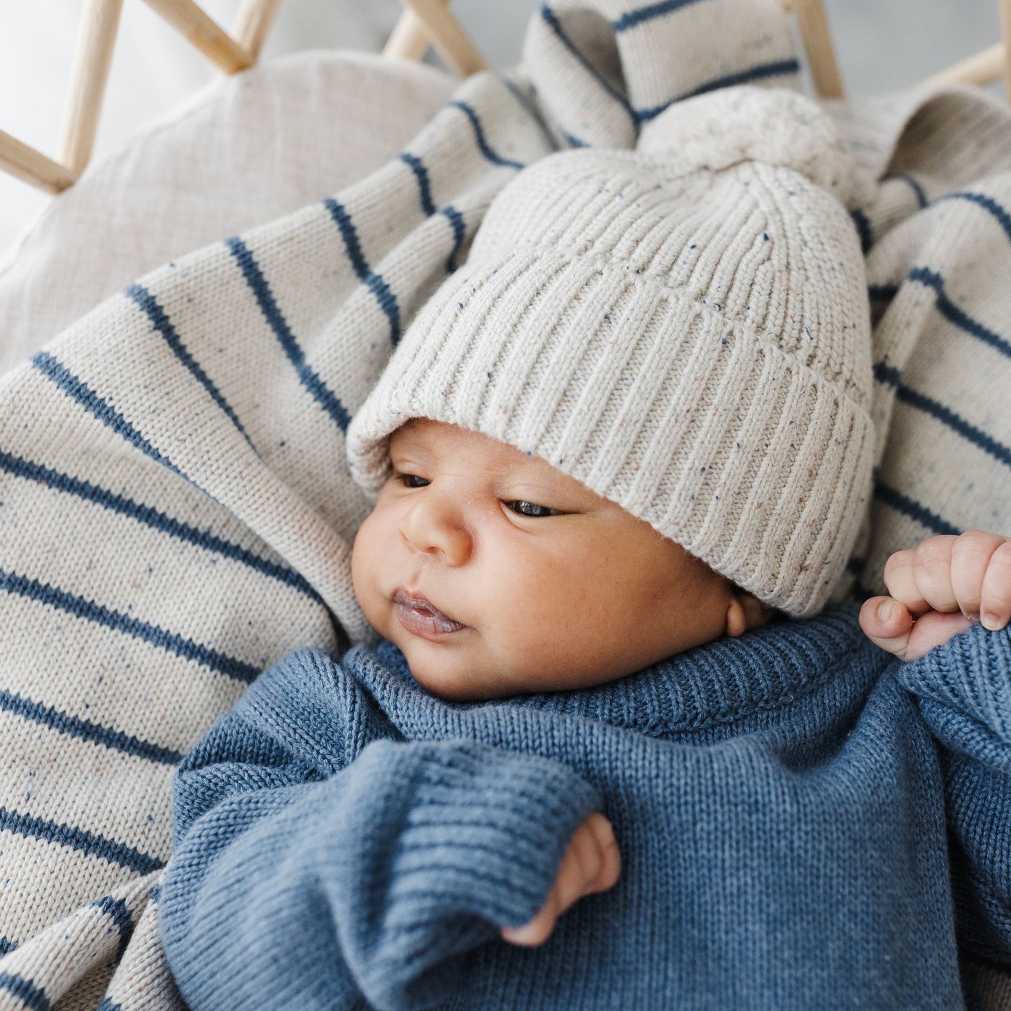 Organic Cotton Chunky Knit Beanie - Oat Navy Fleck