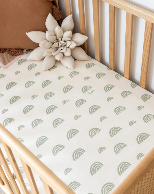 Organic Fitted Cot Sheet | Rainbows - Ivory + Sage