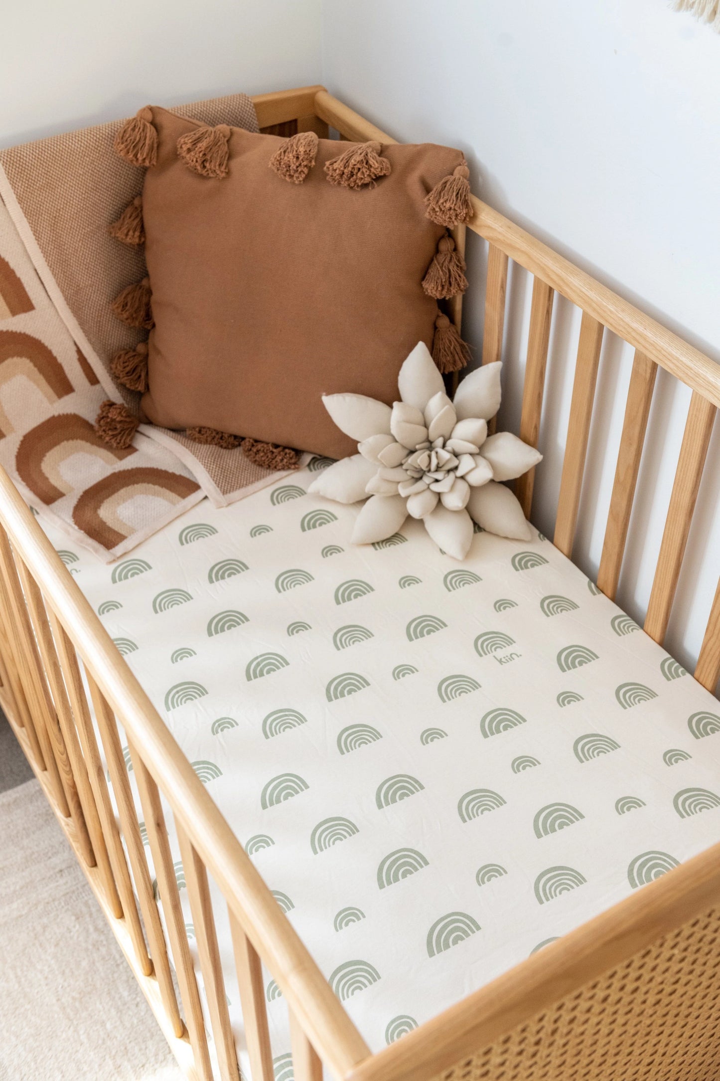 Organic Fitted Cot Sheet | Rainbows - Ivory + Sage